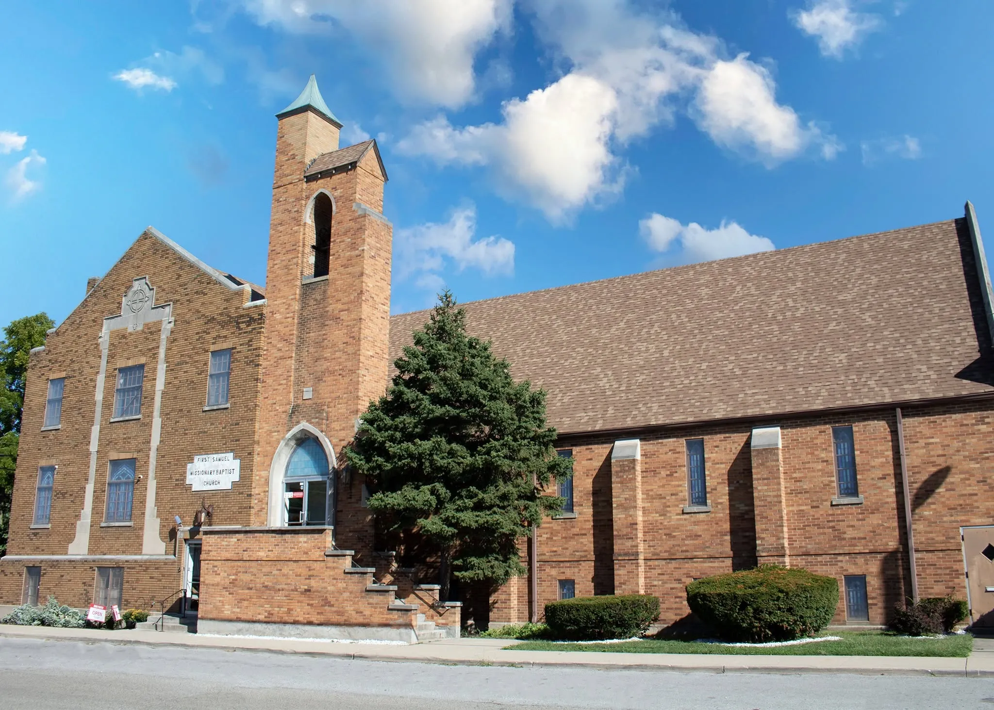 First Samuel Missionary Baptist Church — the brick building and bell tower on Belleview Place